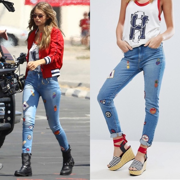 GIGI HADID X TOMMY HILFIGER High Rise Denim 60s Embroidered Patch Skinny Jean 26 - Picture 6 of 13